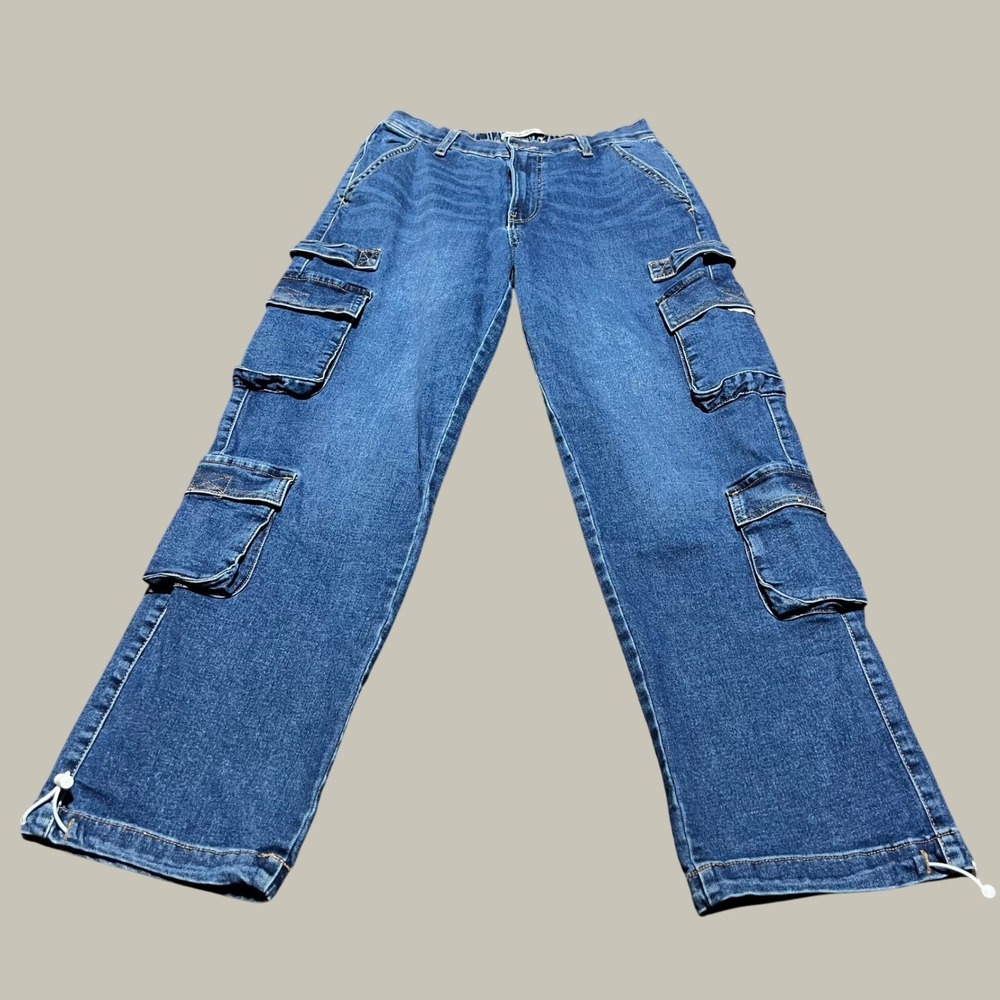 Lovegen Blue Denim Cargo Pants High Rise Adjustable Hem Multi-Pocket Jeans 11/31